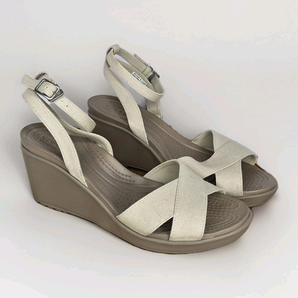 Crocs Women's 11 Leigh II Cross Ankle Strap Wedge Sandals Beige Canvas